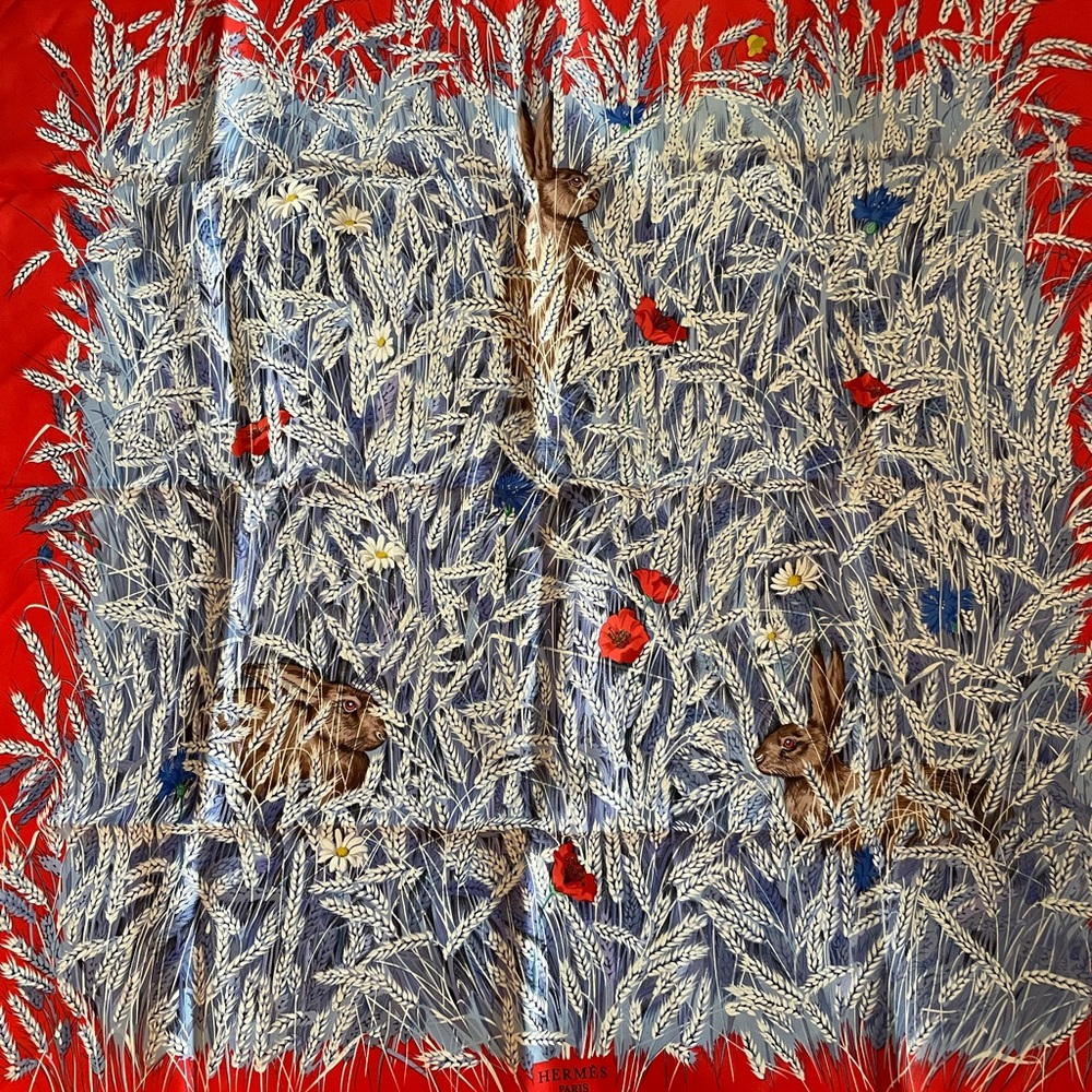 Hermes silk scarf blue/red rabbits